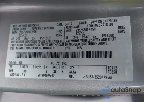 2019 Ford Escape Se z USA, uszkodzony, nr VIN 1FMCU0GD3KUB80687